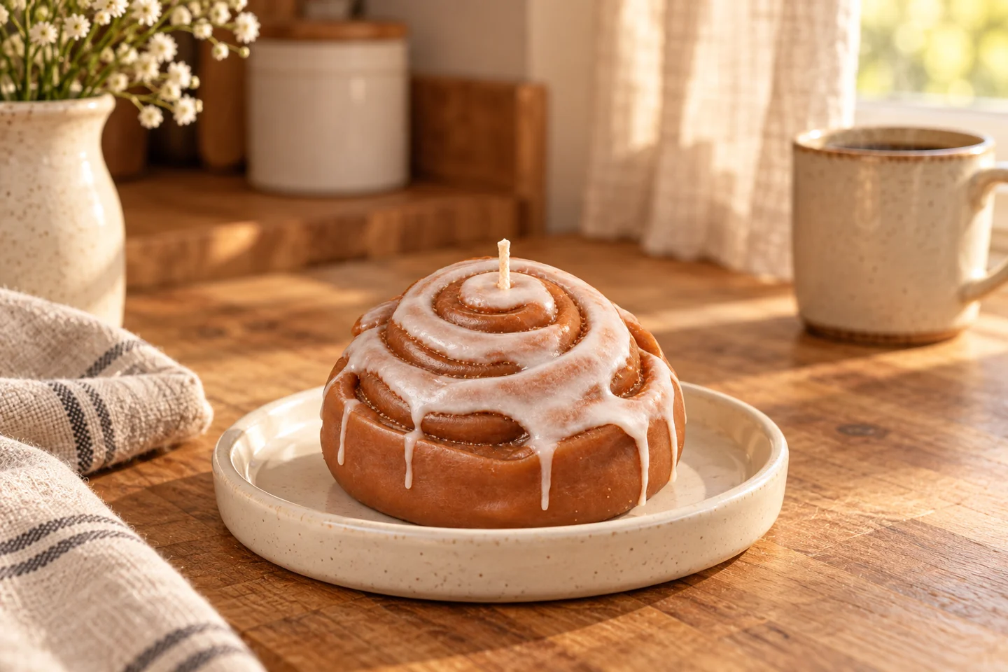 Cinnamon bun candle with delicate white wax icing in a warm kitchen