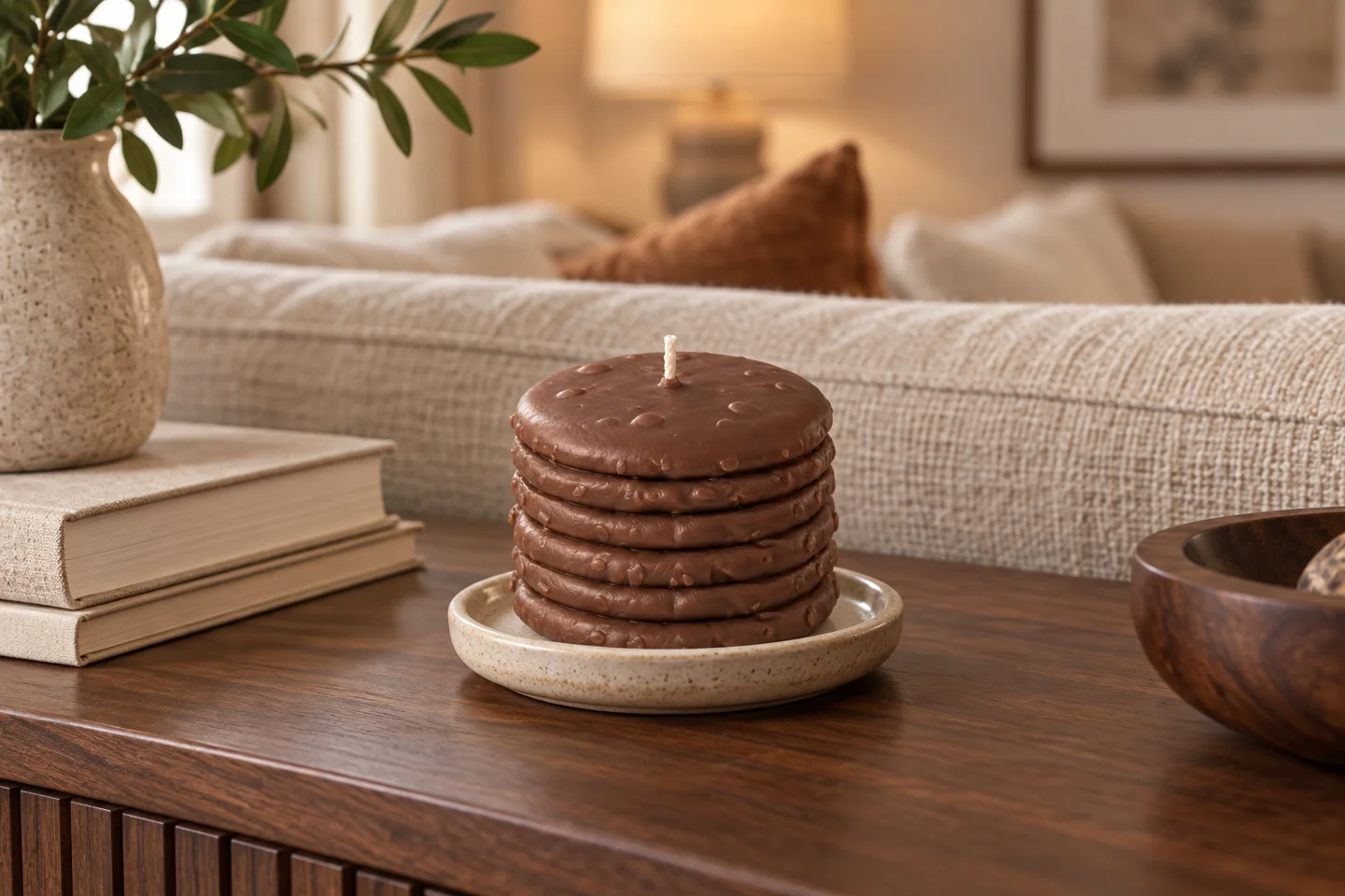 Cookie stack candle styled in a cosy living room