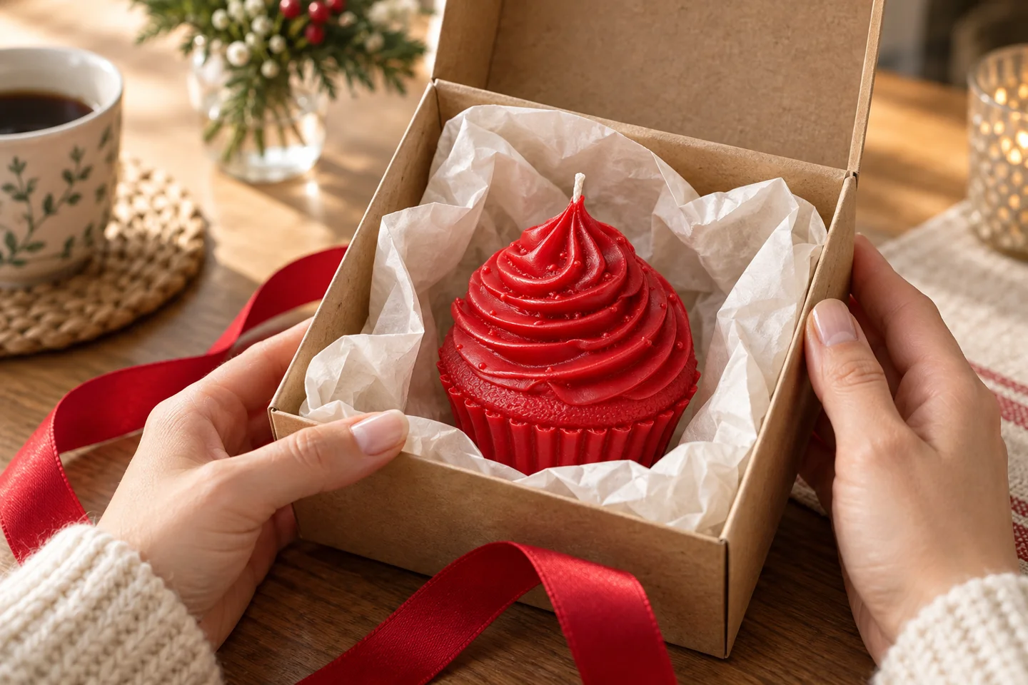 A red cupcake candle ready for gifting