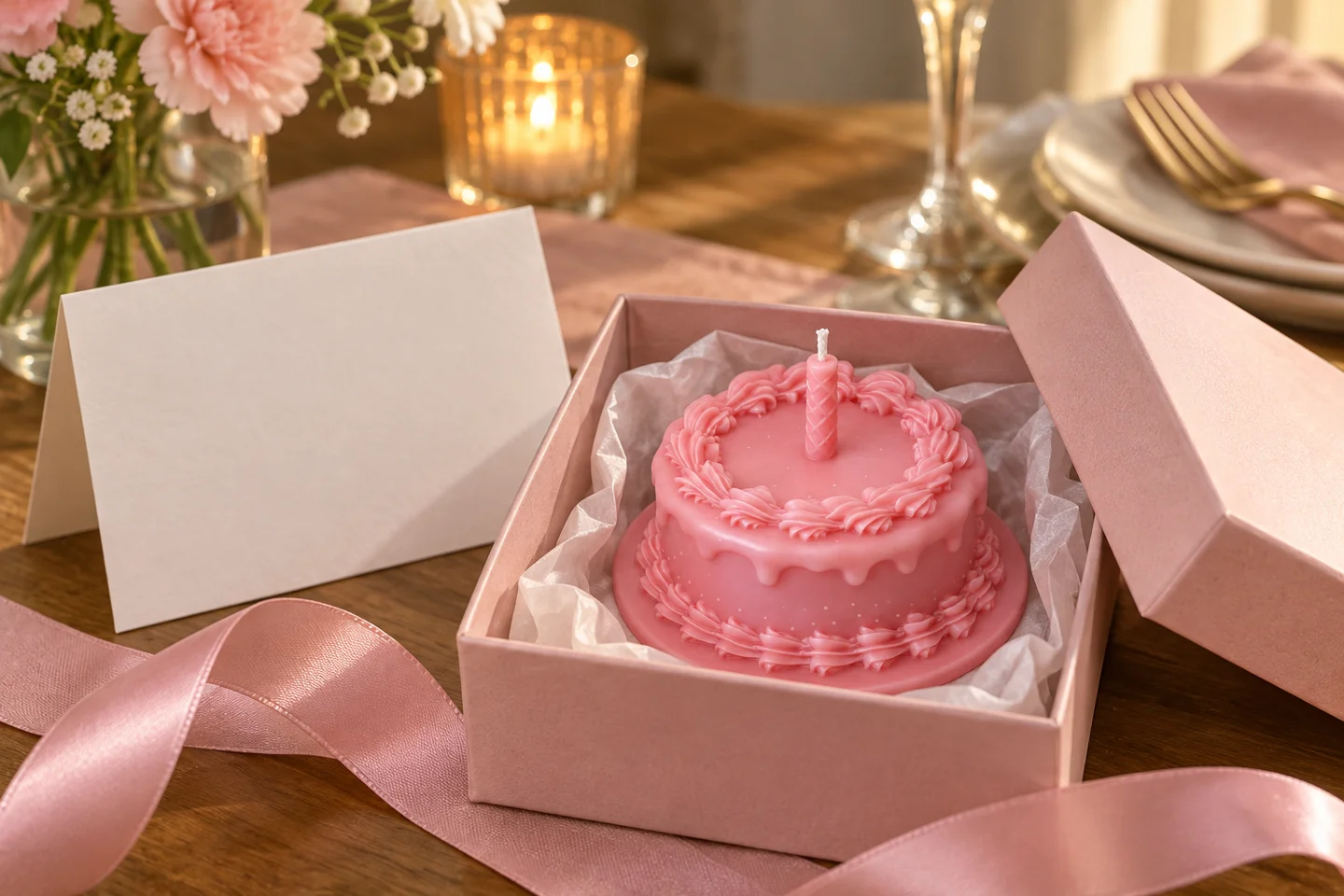 A pink birthday cake candle presented as a thoughtful gift