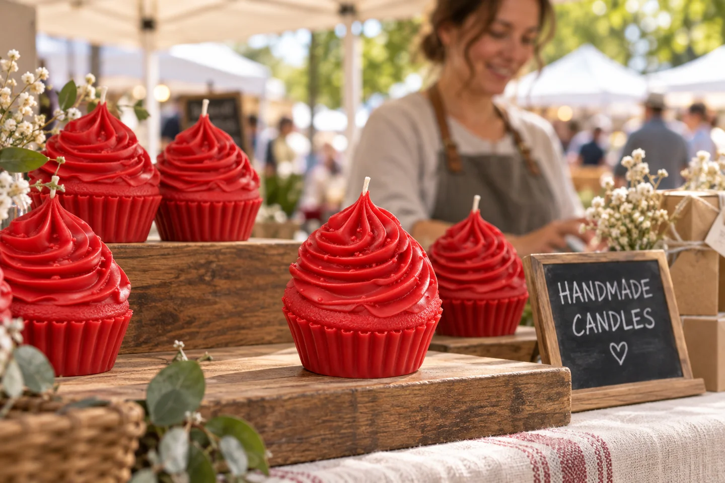 Red cupcake candles arranged on a market display